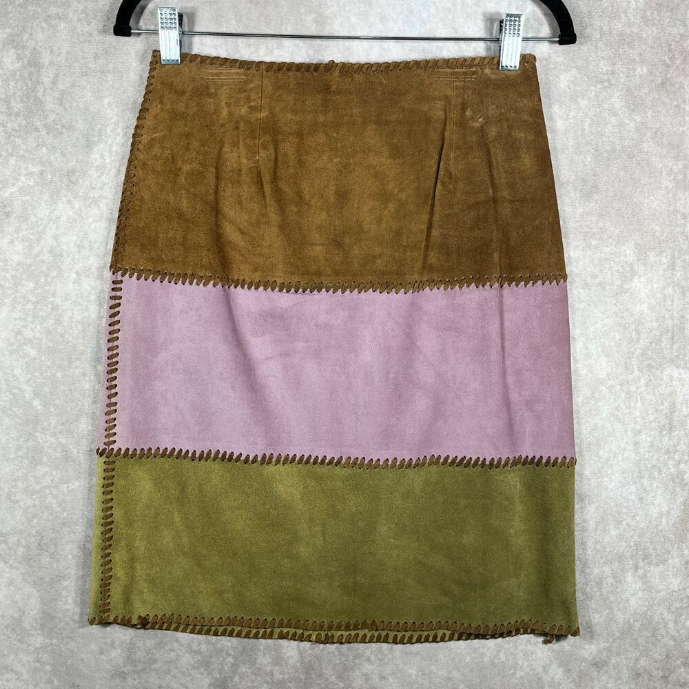 Etcetera Calf Suede Pencil Skirt 2 Green Brown‎ Pink Colorblock Boho Festival